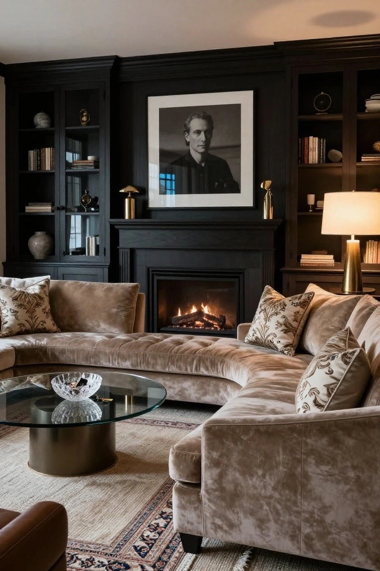 A curved beige velvet sectional sofa positioned in front of a black fireplace in a dark-paneled living room with built-in bookshelves, brass lamps, glass coffee table, and patterned rug.