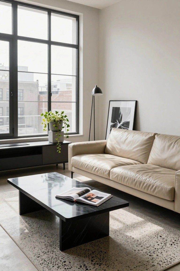 Modern living room with beige leather sofa, black marble coffee table with open magazine, black media console next to potted trailing plant, tall black floor lamp, large black-framed windows overlooking brick buildings, abstract black and white framed print on beige wall, and light speckled floor.