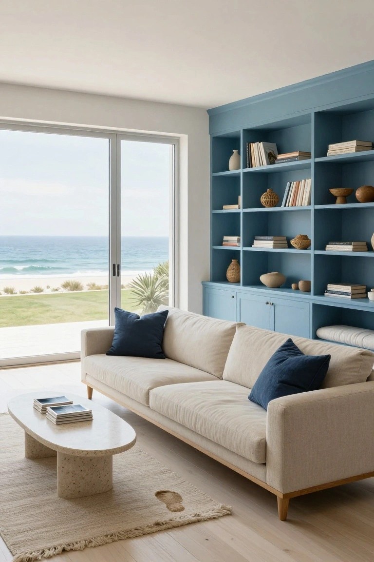 Modern living room with light beige three-seater sofa, white oval coffee table on beige rug, tall blue built-in bookshelves stocked with books and ceramics, and large sliding glass doors showing ocean view.