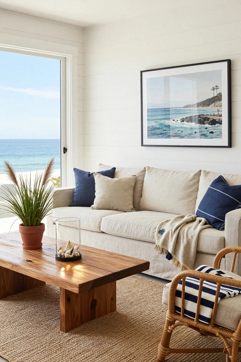 White shiplap-walled living room with beige linen sofa, navy and cream pillows, natural wood coffee table with seashells, seagrass rug, rattan chair, potted pampas grass, and large window showing ocean view.