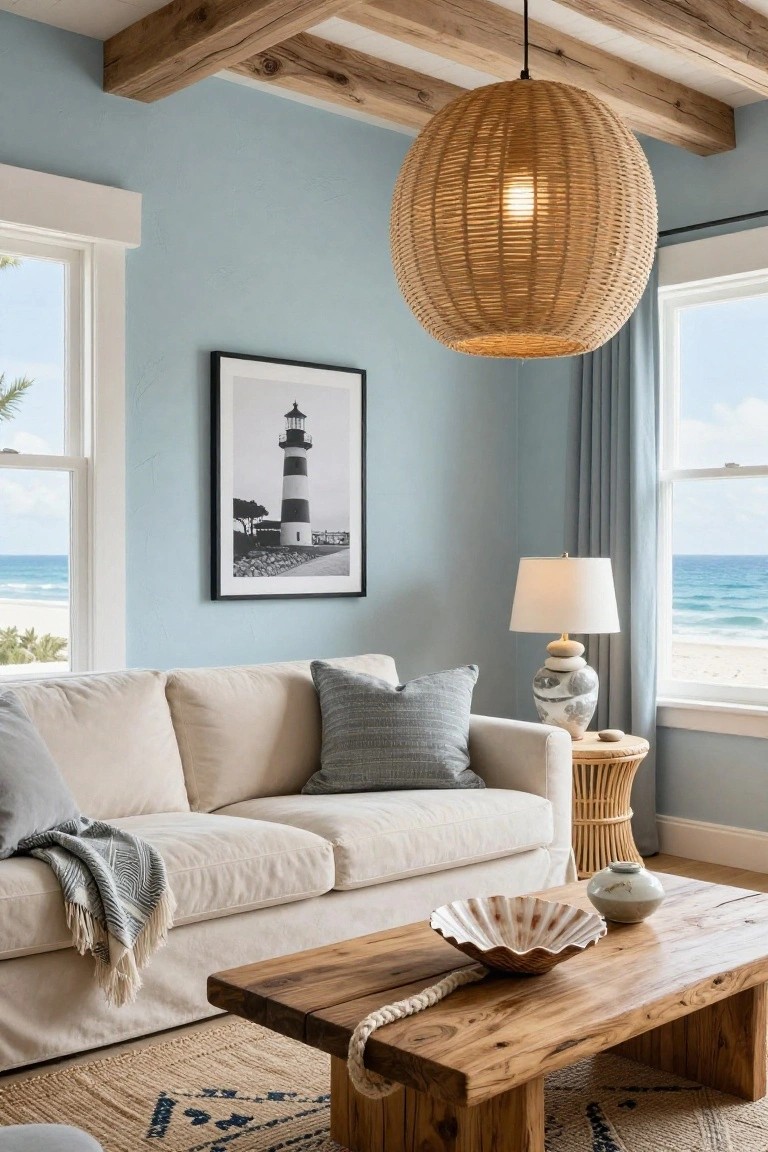 Living room with beige sofa on rug, wooden coffee table holding shell bowl, rattan pendant light, table lamp on side table, lighthouse artwork on light blue wall, and large windows showing ocean view.