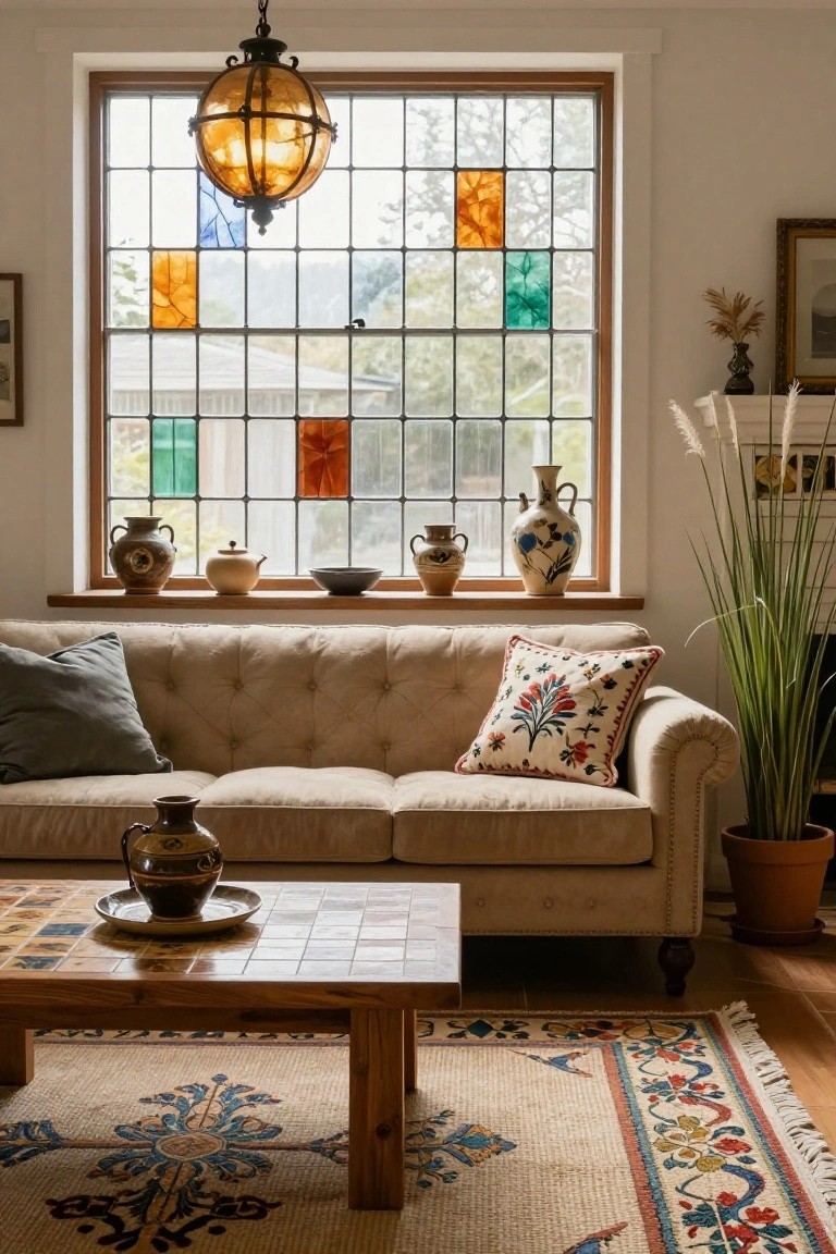 Beige tufted sofa in a living room with stained glass window, assorted colorful pottery on the sill, patterned pillow, wooden coffee table, and oriental rug.