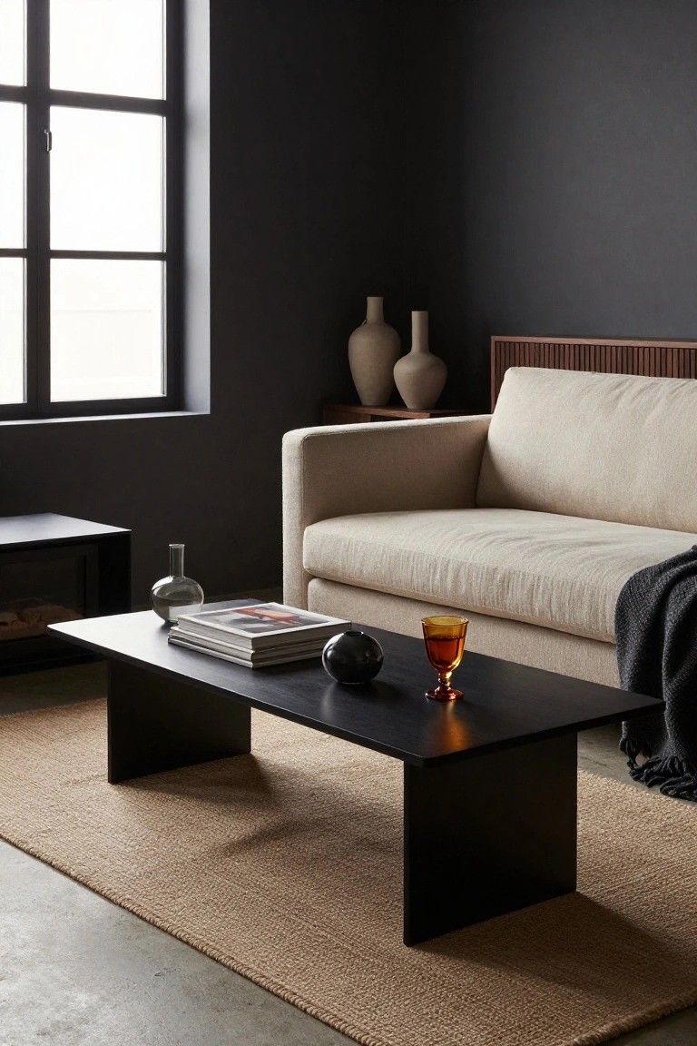 Beige three-seater sofa in a dark gray corner living room with black coffee table, stacked books, amber glassware, black orb, small vases, tall beige ceramics on wood shelf, and beige seagrass rug on concrete floor.