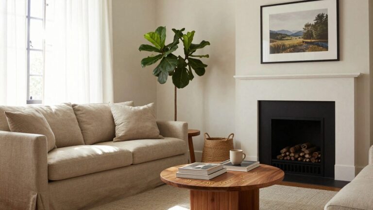 Bright living room corner with two beige slipcovered chairs and sofa around a wood pedestal coffee table, tall fiddle leaf fig plant in seagrass basket next to white fireplace with black insert, sheer curtains on two windows, landscape painting above mantel, books and mug on table.