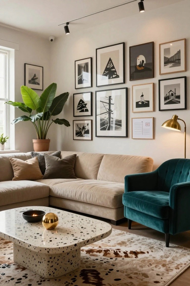 Beige L-shaped sofa in a bright living room corner with large eclectic gallery wall of black-and-white framed art and prints, emerald green velvet accent chair, terrazzo coffee table holding a gold orb and candle, tall potted banana plant, and track lighting.