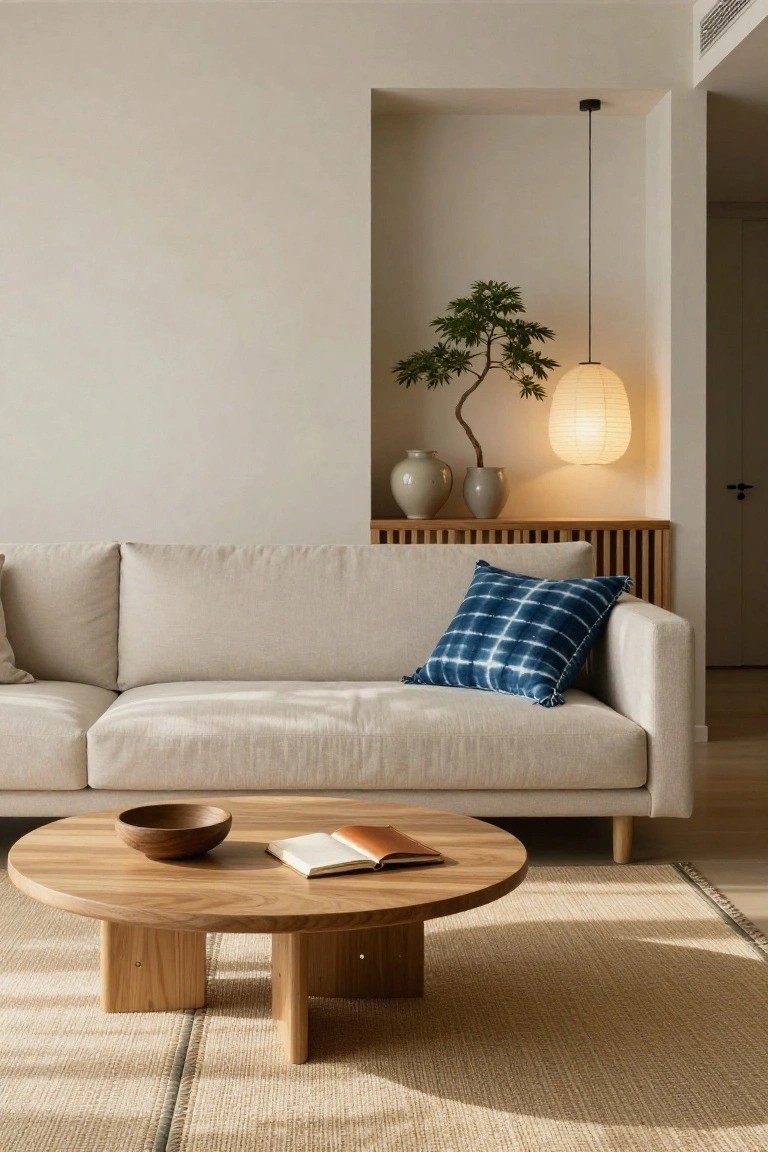 Beige linen sofa on a seagrass rug in a light living room with round oak coffee table, wooden shelf holding bonsai tree and ceramic vases, and glowing paper lantern overhead.