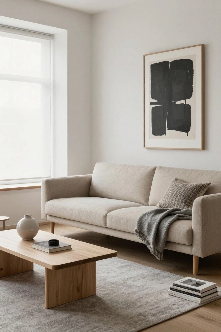 Light beige sofa with wooden legs in a minimalist living room, low oak coffee table with vase and book in front, gray throw blanket draped over sofa arm, large abstract black and beige painting on white wall next to window with blinds, light gray rug on oak floors.