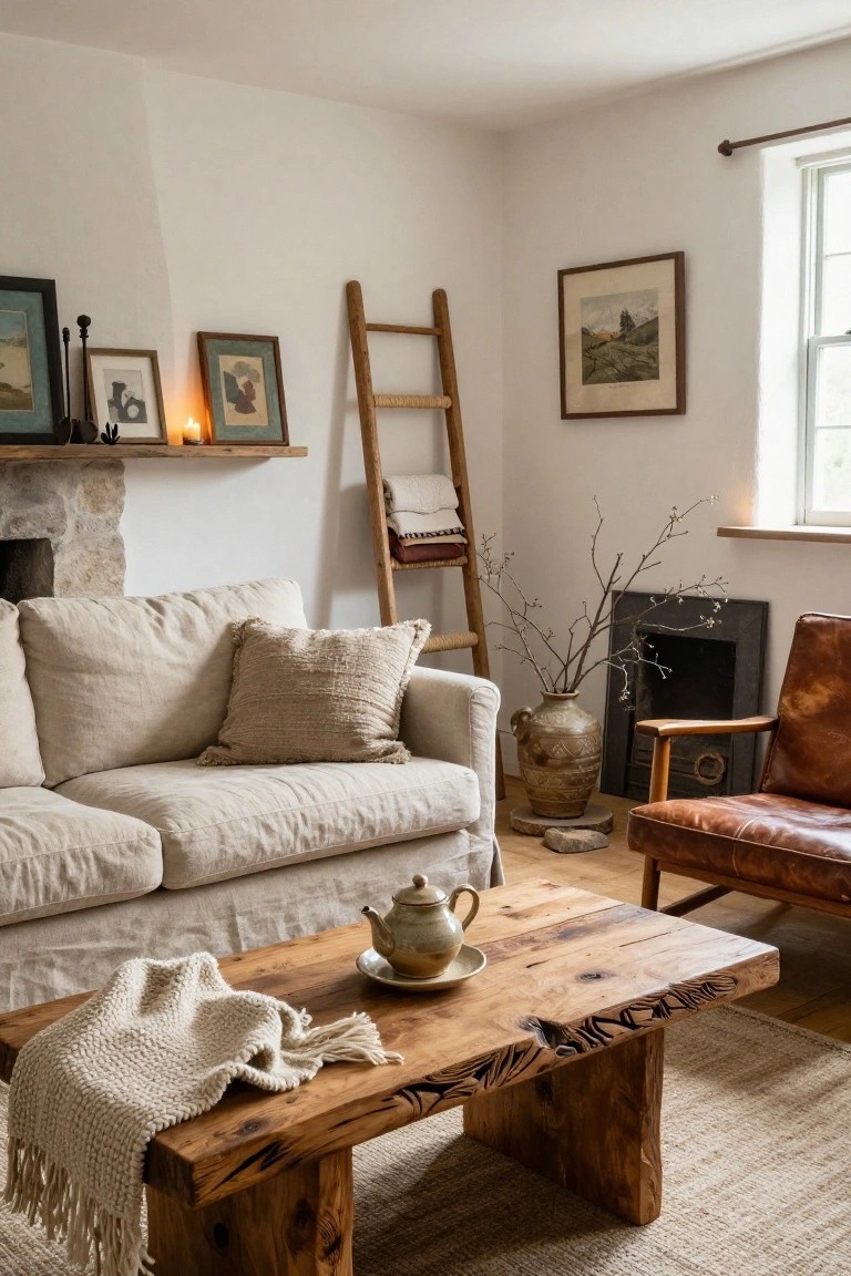 A beige linen slipcovered sofa in a white living room with a live-edge wooden coffee table holding a teapot and saucer, knit throw, leather armchair, wooden ladder shelf, and stone fireplace.
