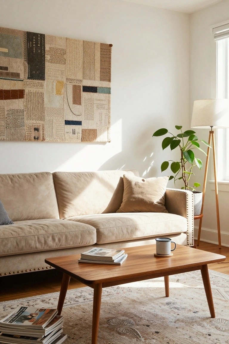 Sunlit living room with beige three-seater sofa, large beige patchwork textile wall hanging above it, wooden mid-century coffee table holding stacked magazines and enamel mug, potted green plant, tripod floor lamp, and neutral rug on hardwood floor.