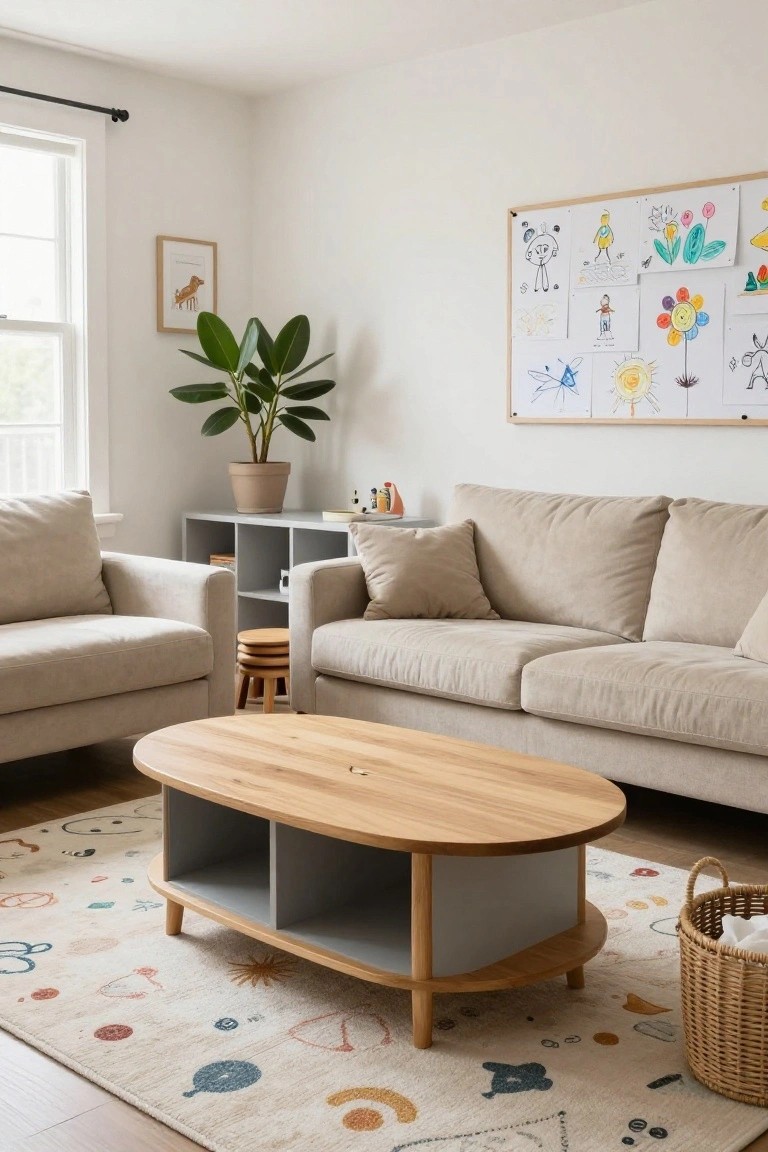 Light-filled living room with beige sofa and armchair, oval oak coffee table with gray storage cubbies, colorful patterned rug, kids' artwork on corkboard wall, potted plant, and woven basket.
