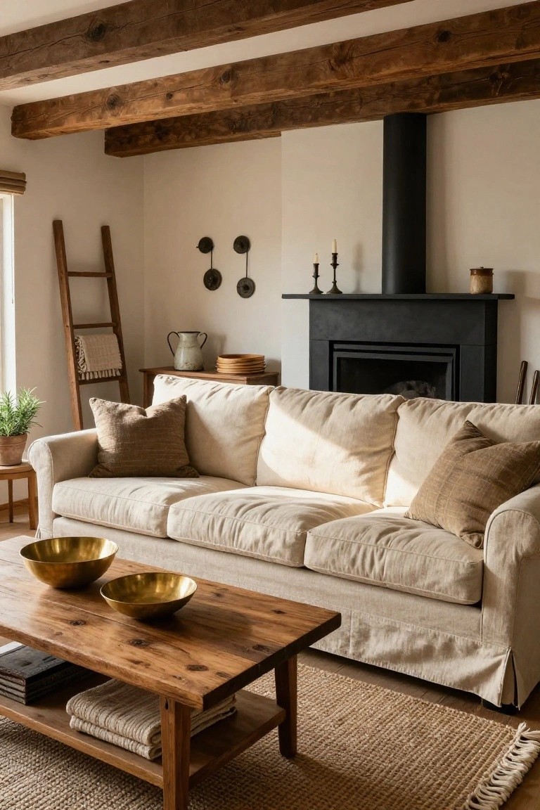 Living room with exposed dark wooden beam ceiling, beige slipcovered sofa, wooden coffee table with brass bowls and stacked books, black fireplace, wooden ladder with blanket, potted plant, and seagrass rug.