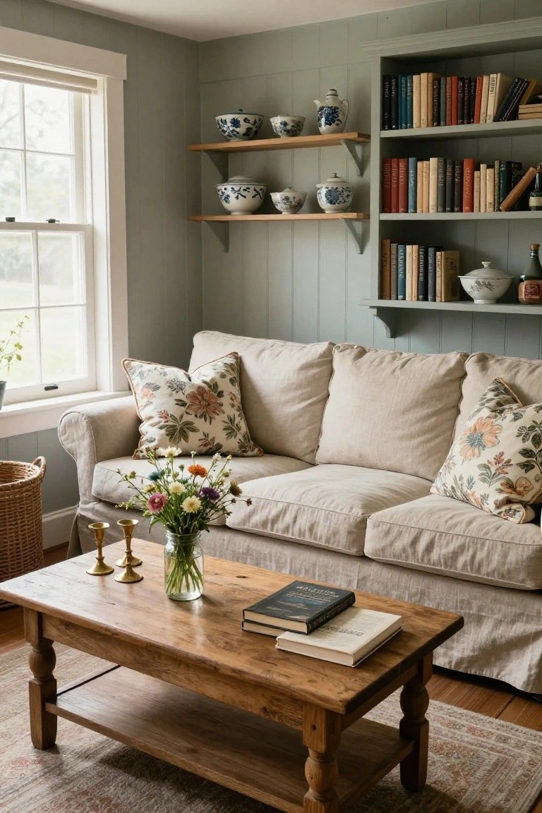 Living room interior with light sage green vertical paneled walls, beige slipcovered three-seat sofa with floral pillows, wooden coffee table holding books and a vase of wildflowers, open shelves displaying blue-and-white ceramics and books, large window with rolled shade, and wicker basket on floor.