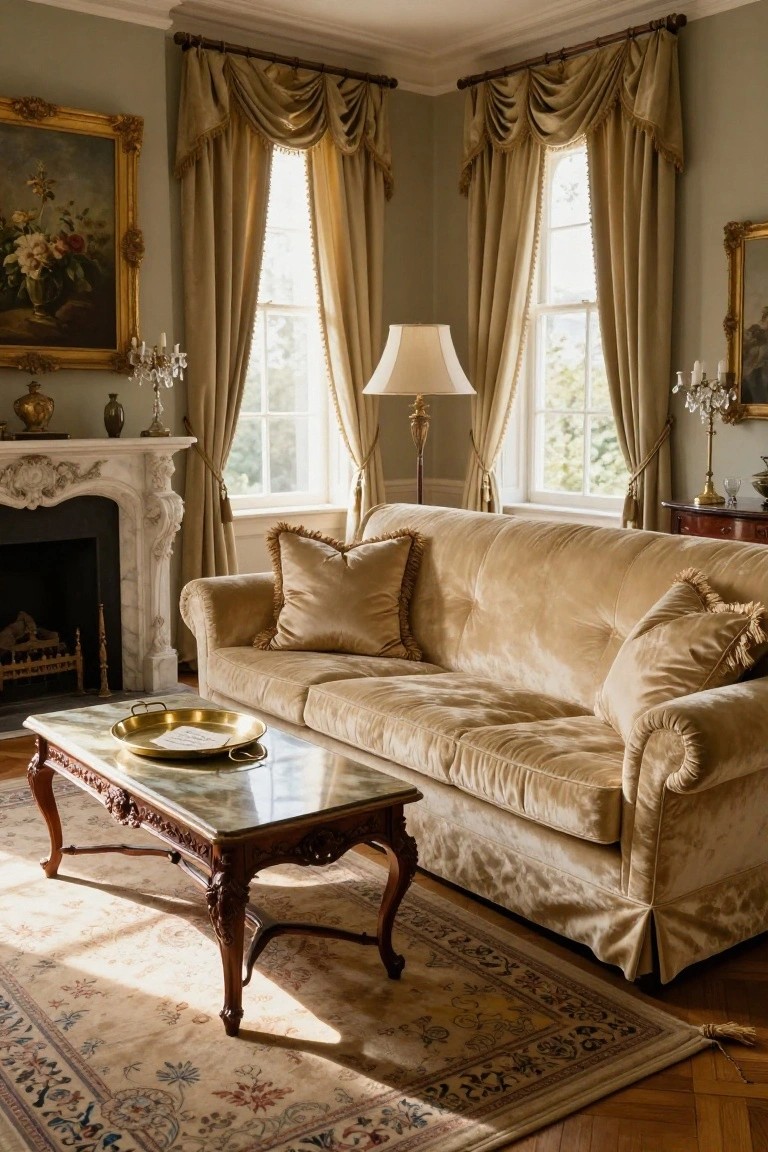 Elegant living room corner with sage green walls, tufted beige velvet sofa on a patterned rug, marble fireplace, antique wood coffee table with brass tray, swagged beige drapes on two tall windows, and gilded artwork.