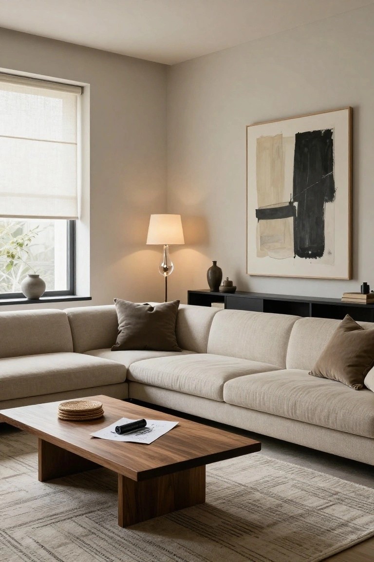 A beige L-shaped sectional sofa in a light gray living room with a low rectangular wooden coffee table holding woven placemats and papers, a floor lamp, black shelving unit with books and vases, large abstract beige and black wall art, and a window with sheer roller blind and potted plant outside.