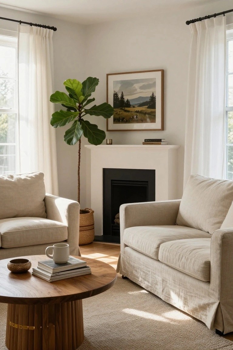 Bright living room corner with two beige slipcovered chairs and sofa around a wood pedestal coffee table, tall fiddle leaf fig plant in seagrass basket next to white fireplace with black insert, sheer curtains on two windows, landscape painting above mantel, books and mug on table.