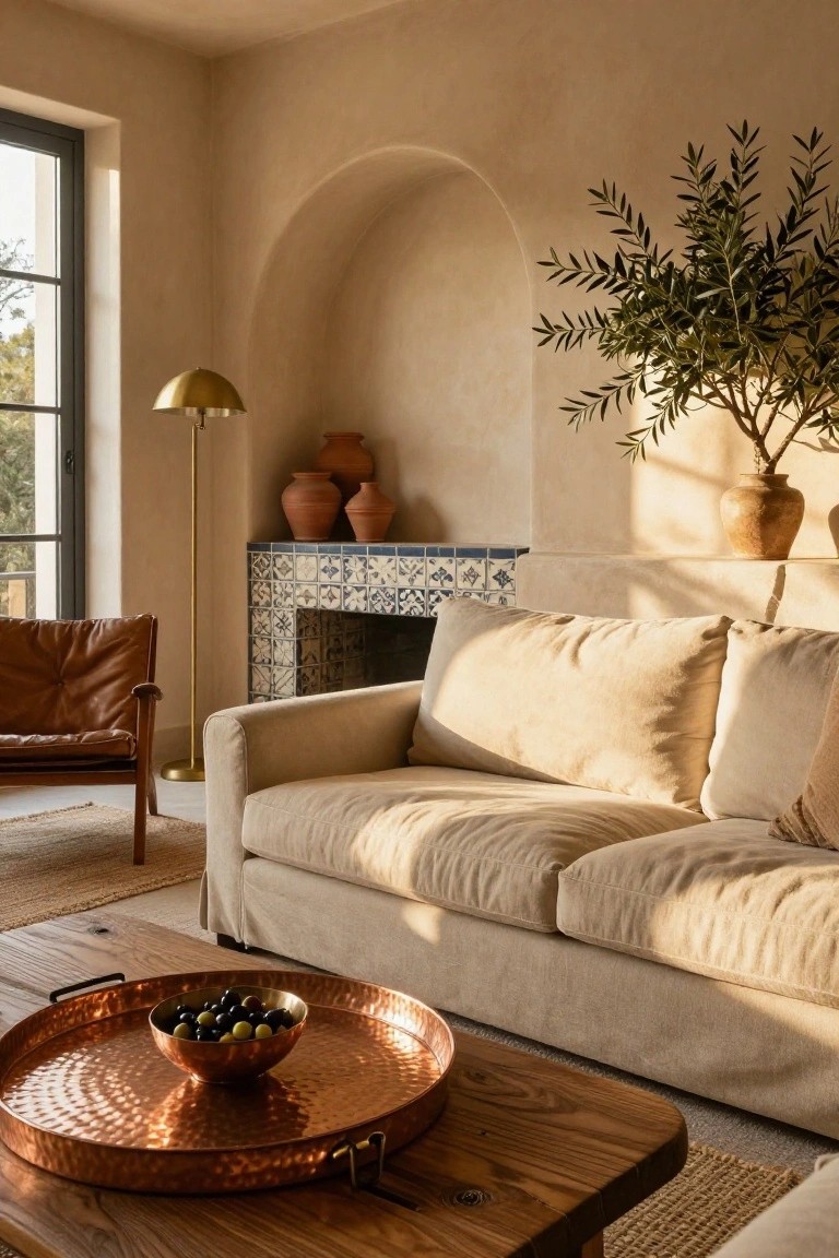 Beige linen sofa in a beige-plastered living room with arched niche holding olive tree, terracotta pots on blue-tiled mantel fireplace, brown leather armchair, wood coffee table with copper tray of olives, and gold floor lamp near black-framed window.
