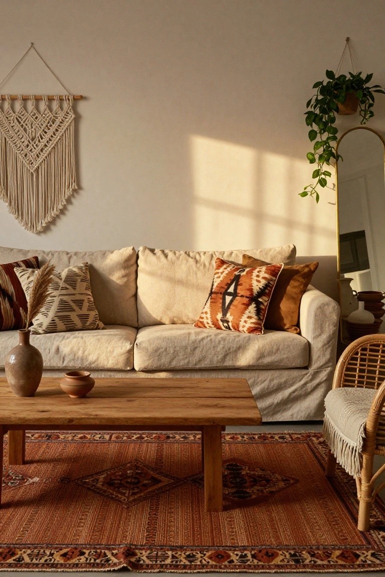 Beige linen couch with patterned pillows on a terracotta rug in a sunlit living room featuring a wooden coffee table, macrame wall hanging, potted plants, and rattan chair.