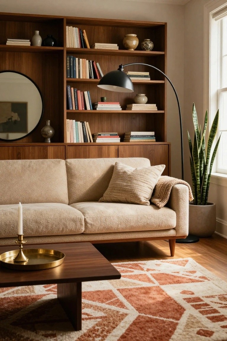 Light beige fabric sofa in front of tall wooden bookshelves filled with books, ceramics, and a round mirror, next to a tall snake plant and black arched floor lamp in a living room with wood coffee table and woven rug.
