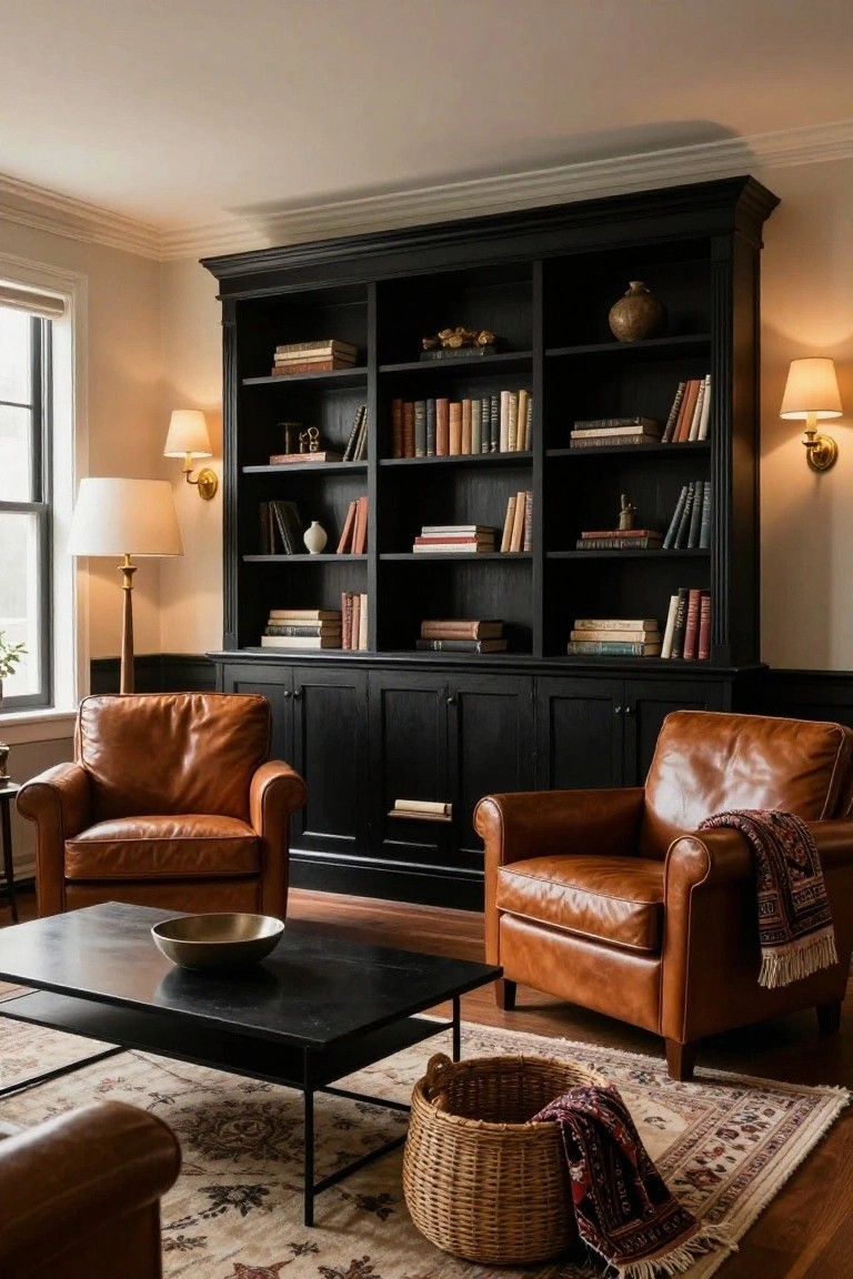 Black Bookshelves and Brown Leather Chairs