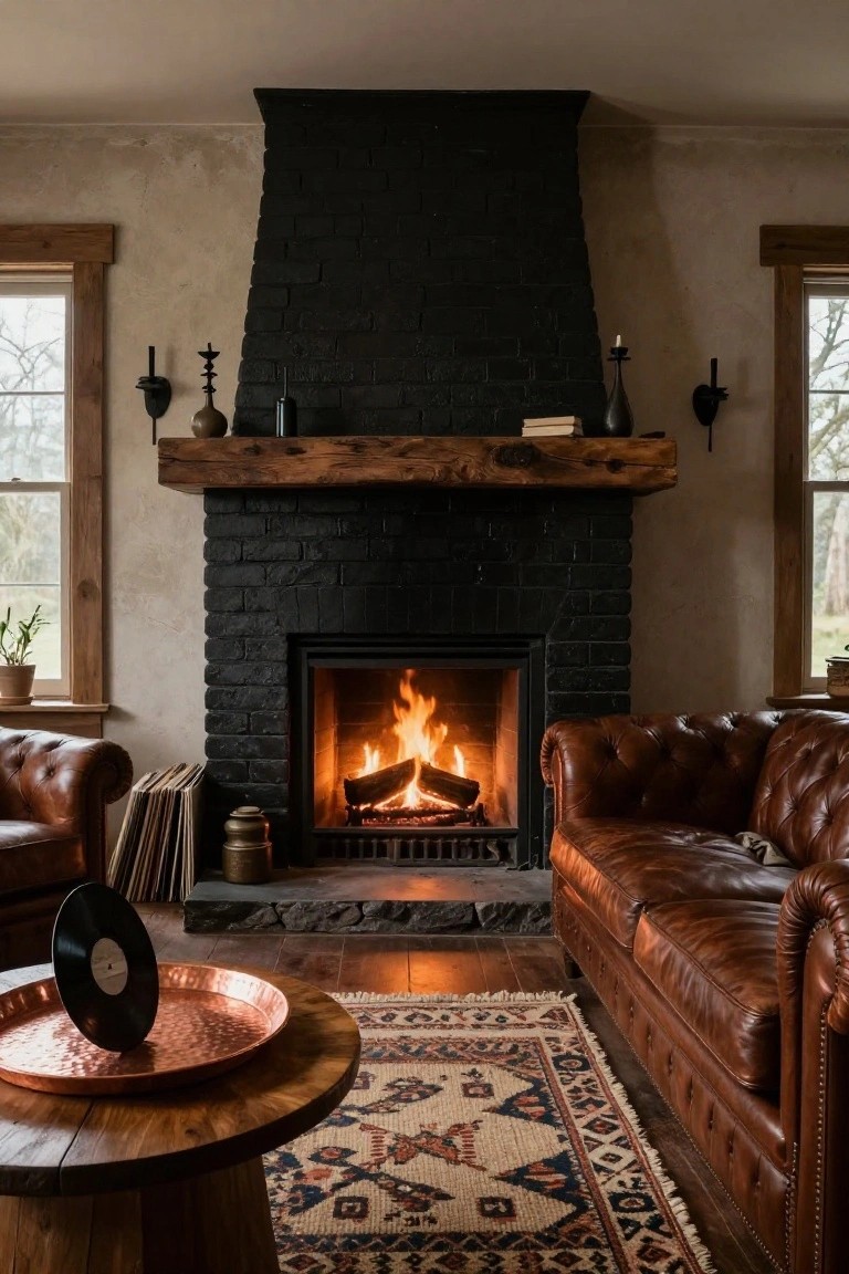 A cozy living room with a tall black brick fireplace containing a wood fire, a rough wood mantel holding books and candles, brown leather sofas, stacks of vinyl records, a wooden side table with a copper tray and vinyl record, and windows showing trees outside.