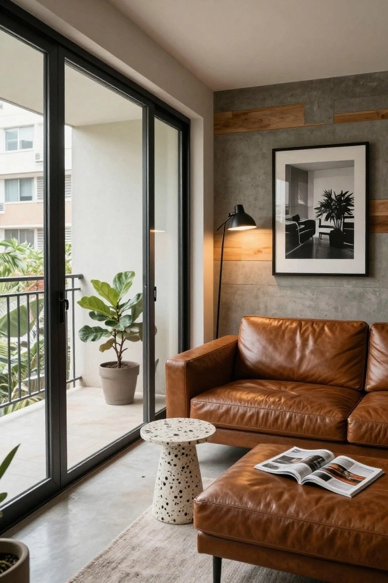Modern living room interior with brown leather L-shaped sofa and matching ottoman in front of open black sliding glass doors to a balcony, including a potted fiddle leaf fig plant, arc floor lamp, wood-accented gray walls, and black-framed photo.