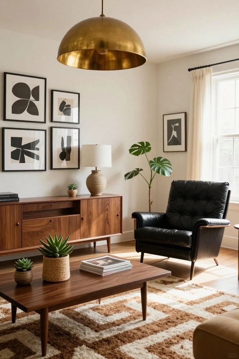 A living room interior with a black leather armchair, walnut wood credenza and coffee table, potted succulents and monstera plant, abstract black line artwork on walls, ceramic lamp, and brown and white geometric rug under a gold dome pendant light.