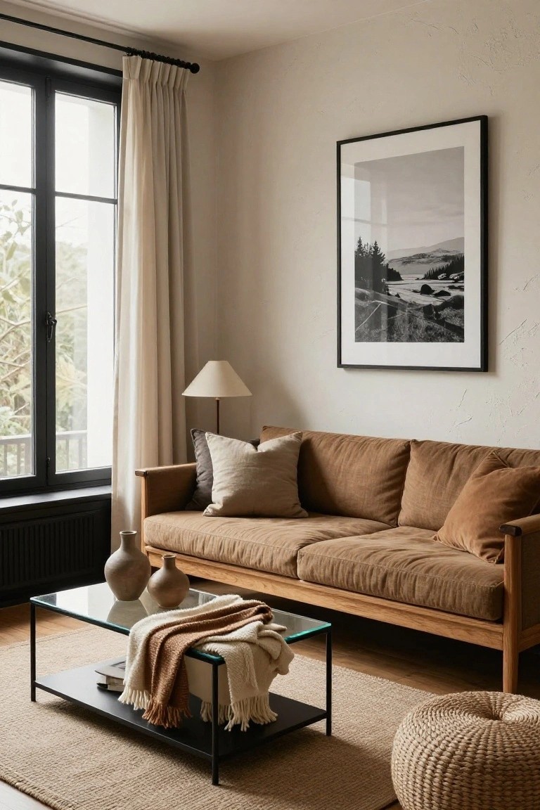 Living room with brown corduroy sofa on wood frame, black metal and glass coffee table holding blankets books and ceramics, two terracotta vases, cream lamp, large black and white landscape photo, sheer curtains on black framed window, beige seagrass rug, and rattan pouf.
