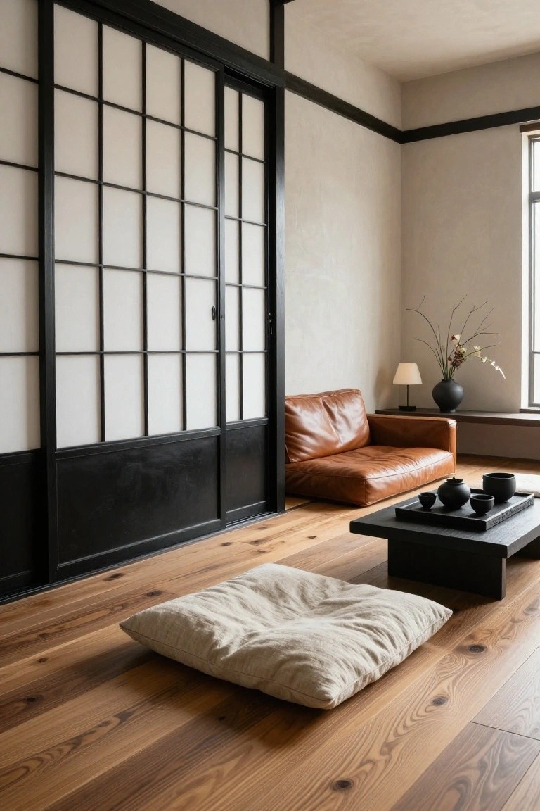 Minimalist indoor living room corner with black-framed white shoji sliding screens, low brown leather sofa, black low table holding teacups and teapot, white zabuton cushion on light wood plank floor, lamp and black vase with branches and flowers by window.