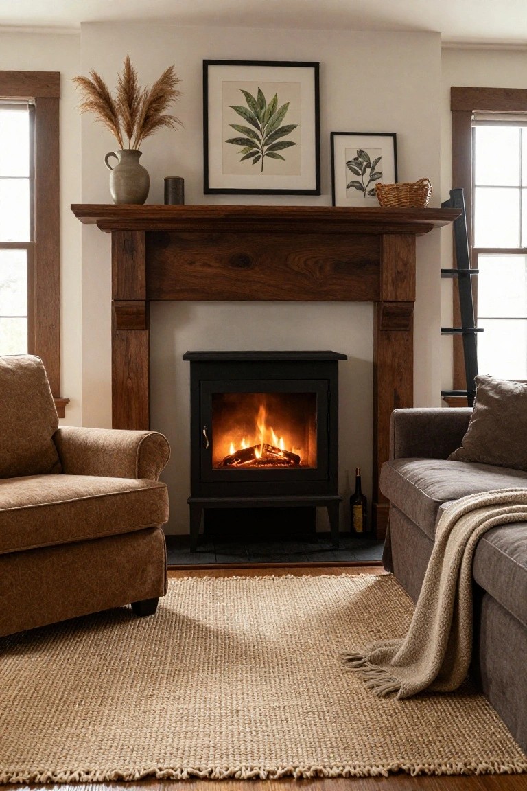 Living room with black freestanding wood stove inside wooden mantel, brown armchairs on one side, gray sofa with throw on the other, beige seagrass rug, potted pampas grass and art on mantel, windows on both sides.