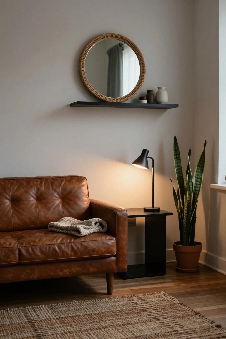 A living room corner with a tufted brown leather sofa draped with a light blanket, beside a black side table holding a black desk lamp, next to a potted snake plant, with a black wall shelf above holding a round rattan mirror and ceramic vases, on hardwood floors with a woven rug.