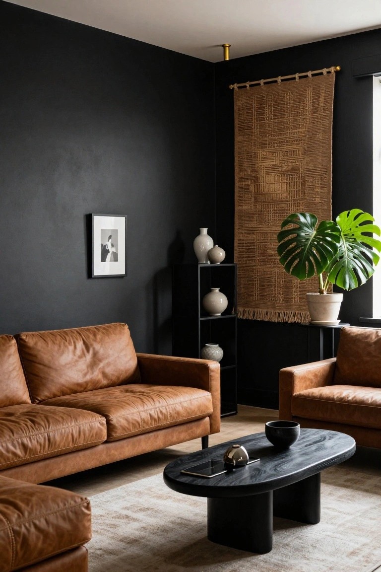 Living room featuring black walls, two brown leather sofas, a black oval coffee table, black metal shelving with white ceramic vases, a large monstera plant in a pot, and a large woven brown tapestry hanging on the wall.