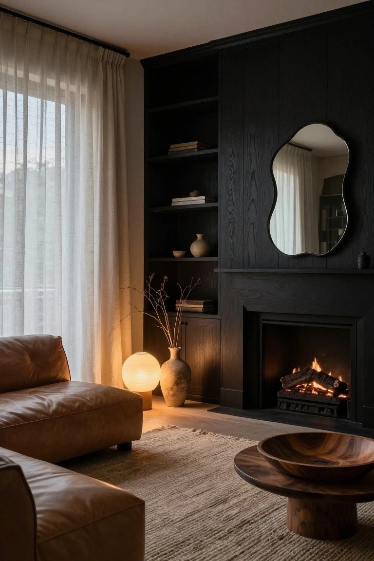Living room corner with black wood paneled wall including built-in shelves and fireplace, tan leather L-shaped sofa, round wood coffee table, seagrass rug, paper lamp, terracotta vases, and sheer curtains over a window.