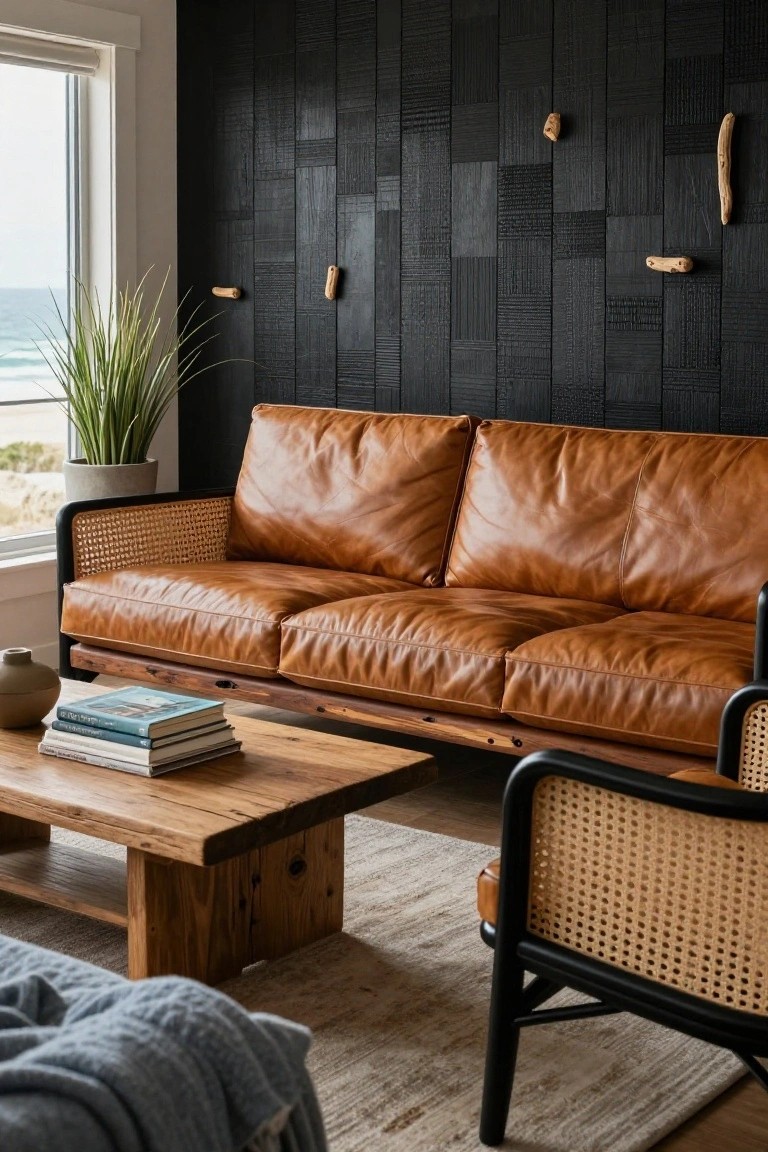 Living room with black textured wood-paneled wall, tan leather three-seat sofa with rattan frame, matching rattan-frame armchair with leather cushions, rustic wooden coffee table holding stacked books and vase, potted grass plant, blue throw blanket on floor, large window showing ocean view.