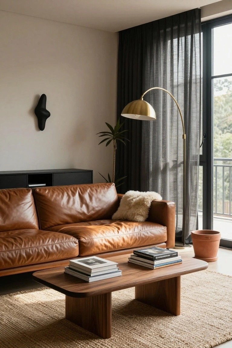 Modern living room interior with tan L-shaped leather sofa, low wooden coffee table holding stacked books, black media cabinet, potted plant, gold arc floor lamp, and sheer black curtains over balcony doors with outdoor view.