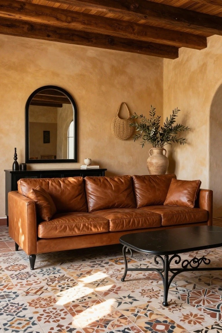 Tan leather three-seater sofa in a beige stucco-walled living room with wooden ceiling beams, black wooden console table, black metal coffee table on patterned terracotta tile floor, arch mirror, woven basket, and olive branches in a terracotta vase.