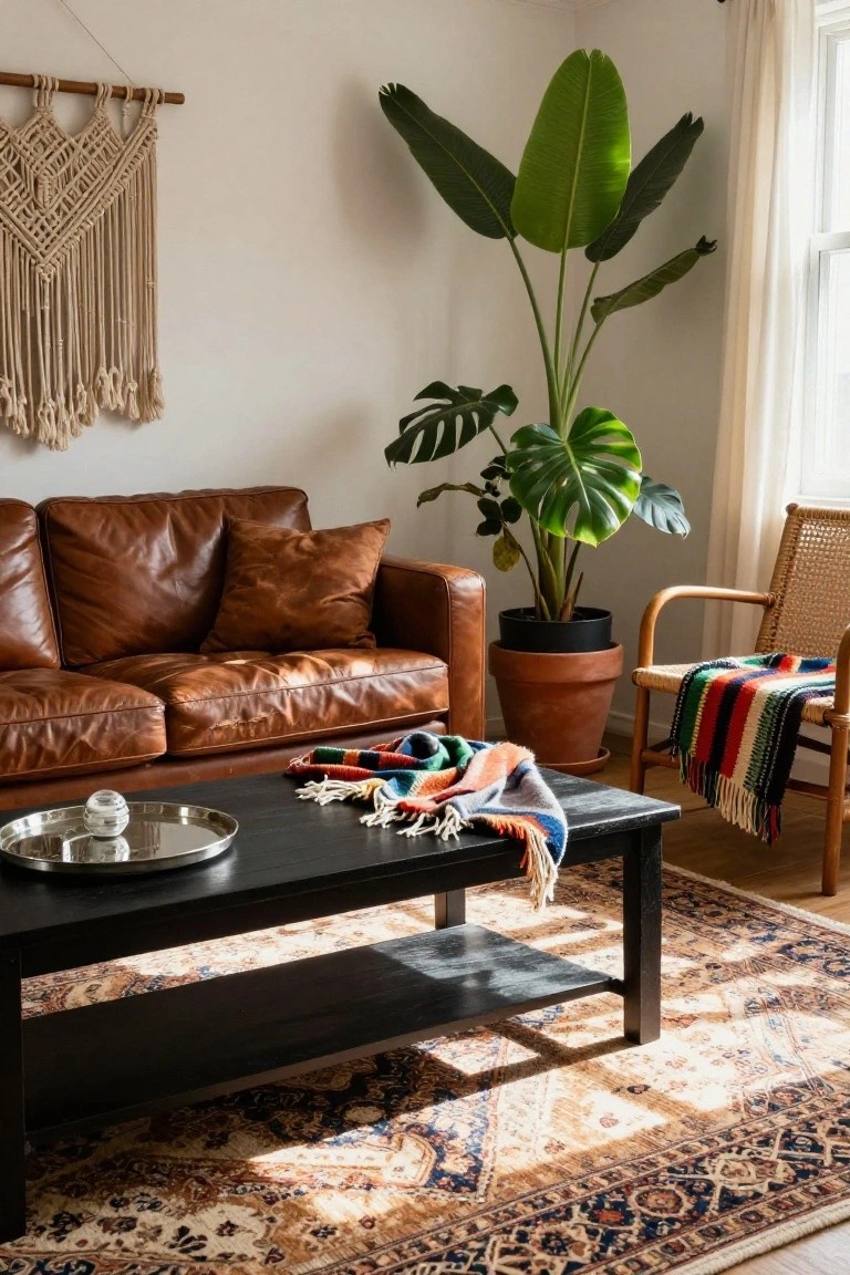 Living room with brown leather sofa, black wooden coffee table holding a silver tray, large potted banana plant and monstera, rattan chair draped with colorful woven blanket, macrame wall hanging, and patterned oriental rug on wood floor.