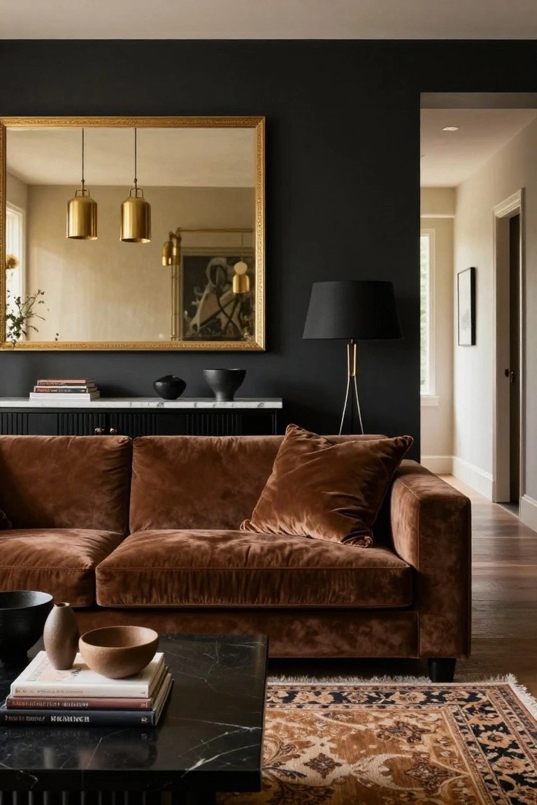 Living room with black walls, brown velvet L-shaped sofa, black marble coffee table with books and ceramics, gold-framed mirror, black floor lamp, and patterned rug.