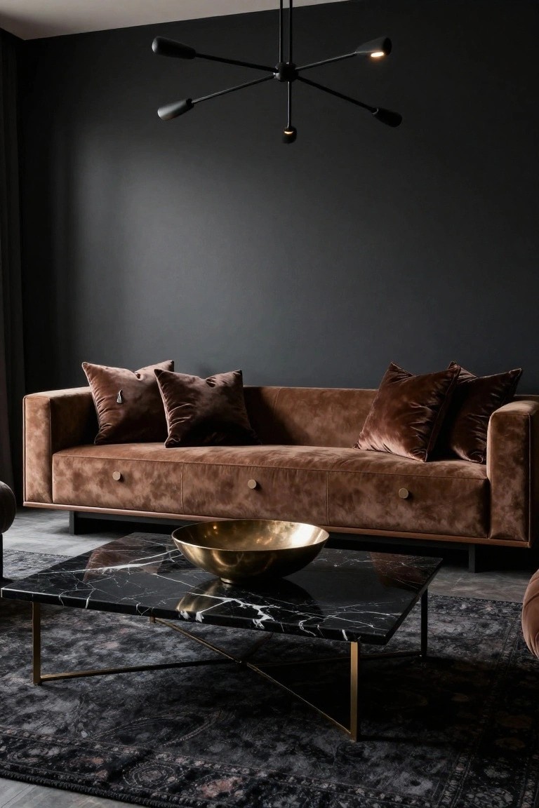 A living room with dark gray walls, a low brown velvet L-shaped sofa with pillows, a black marble X-frame coffee table holding a gold bowl, a black pendant light overhead, and a dark patterned rug on a concrete floor.