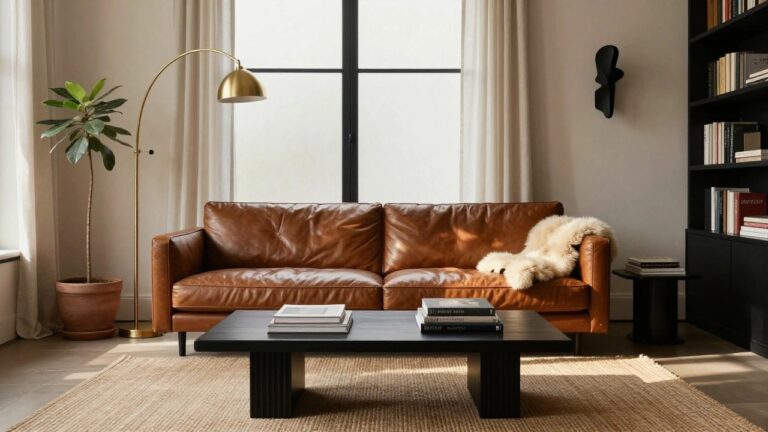 Modern living room interior with tan L-shaped leather sofa, low wooden coffee table holding stacked books, black media cabinet, potted plant, gold arc floor lamp, and sheer black curtains over balcony doors with outdoor view.