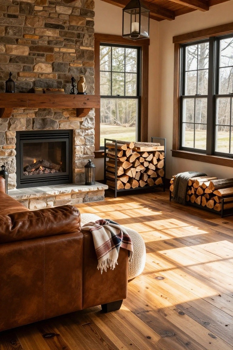 Living room with stone fireplace burning gas logs, two black metal firewood racks filled with split logs, brown leather sofa with plaid blanket on wooden floors, wooden mantel, lanterns, and large black-framed windows overlooking woods.