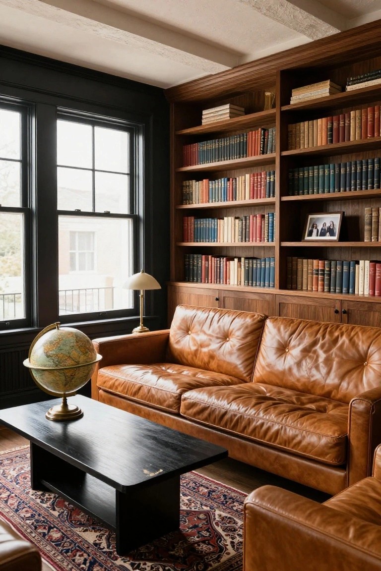 Living room interior with floor-to-ceiling wooden bookshelves filled with colorful books, tufted brown leather sofa, black coffee table, brass-based globe, table lamp, black window frames overlooking outdoors, and patterned rug.