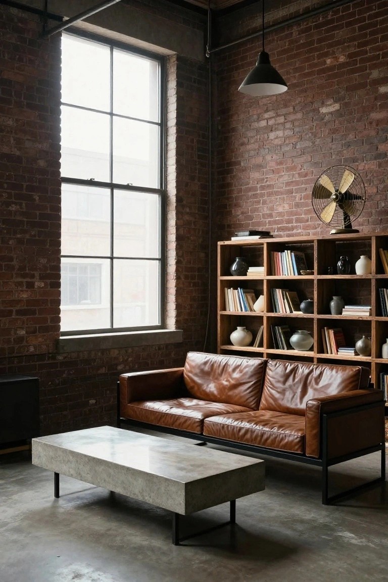 Living room with exposed brick walls, brown leather sofa, wooden bookshelves filled with books and ceramics, concrete coffee table on metal legs, large industrial windows, and a black ceiling fan.