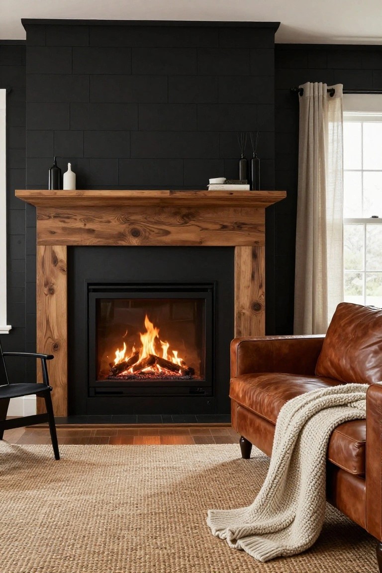 Living room with black rectangular tiled wall surrounding a gas fireplace under a reclaimed wood mantel, brown leather sofa with white knit throw, black wood armchair, seagrass rug, and sheer curtained window.