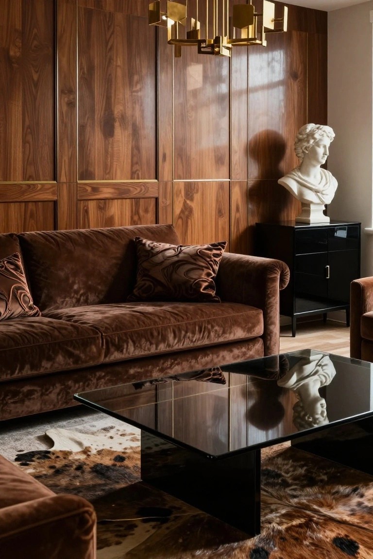 Living room with walnut paneled walls, brown velvet sofa with patterned pillows, black glass coffee table, black lacquer cabinet holding a white bust, gold chandelier, and cowhide rug on light wood floor.