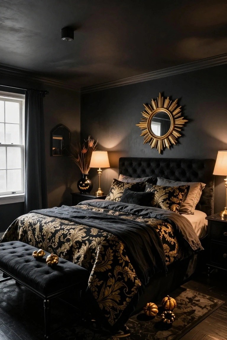 Dark bedroom with black tufted headboard bed covered in black and gold patterned bedding and pillows, gold sunburst mirror on wall, table lamps, jack-o-lantern vase with dried grasses, and gold pumpkins on black bench at bed foot.
