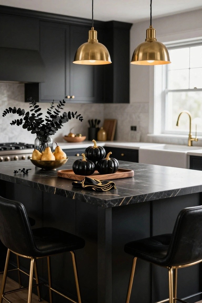 Modern black kitchen with brass pendant lights and marble island.