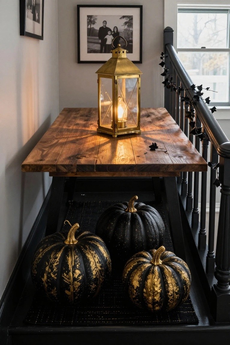 Wooden console table in a gray stairwell corner with brass lantern, black pumpkins painted gold, black ivy garland on black railing, and black and white framed family photos on the wall.