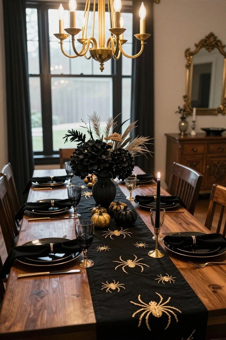 Dining room table decorated for Halloween with black table runner embroidered in gold spiders, black plates and napkins with gold rings, amber glassware, black hydrangea bouquet, mini black and orange pumpkins, black candles, on a wooden table under a brass chandelier.