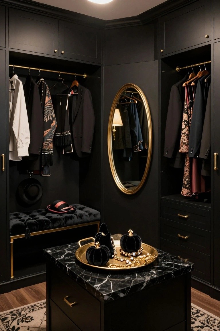 Corner walk-in closet featuring black cabinetry with gold hardware, hanging clothes on brass rods, oval mirror with lamp, tufted velvet bench, and gold tray with velvet pumpkins and necklace on black marble pedestal table over patterned rug.
