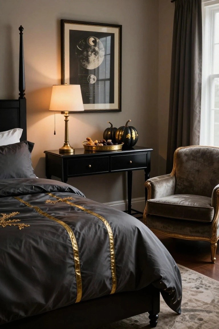 Bedroom with black four-poster bed draped in dark gray duvet featuring gold embroidered branches and stripes, brass lamp and tray of gold pumpkins on black nightstand, gray velvet armchair, and black-framed moon artwork on greige wall.